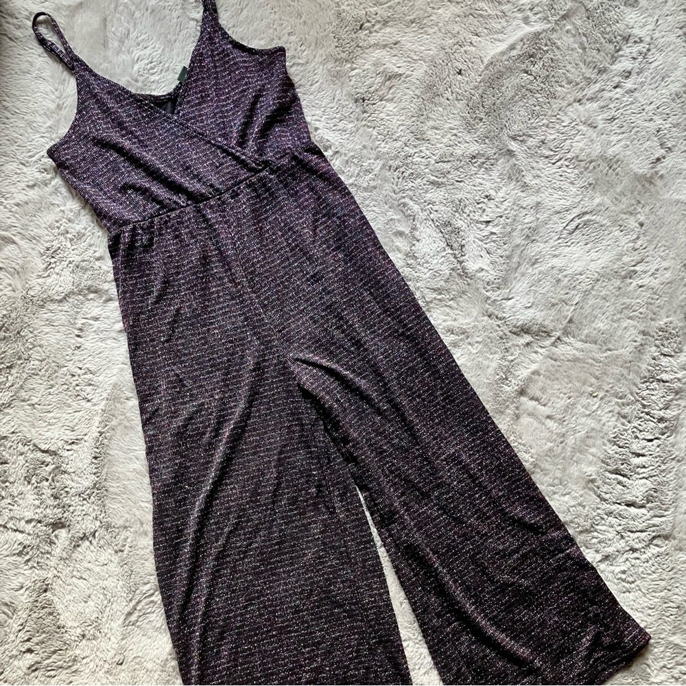 Multicolour metallic spaghetti strap disco jumpsuit wide leg cross front
